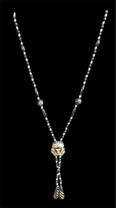 Egyptian long black onyx and turquoise drop necklace
