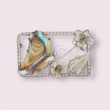 French polished agate & brass rectangle brooch
