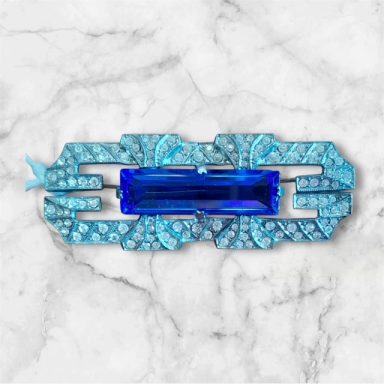 Blue stone and diamante rectangle brooch
