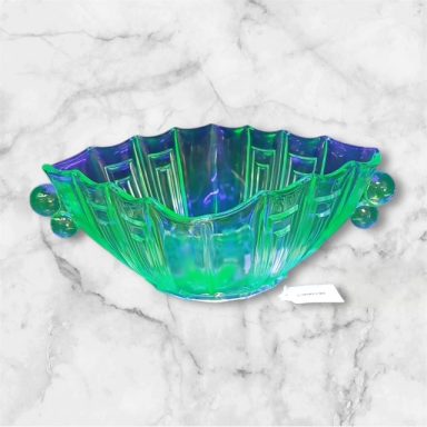 Austrian Stolze uranium glass square bowl with ball handles
