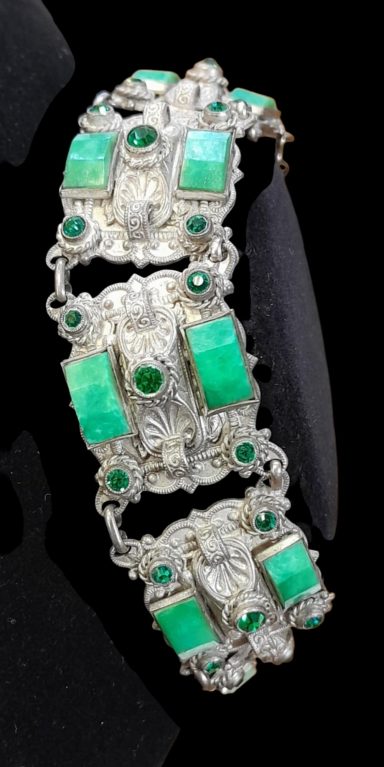 MAX NEIGER silvertone bracelet with green peking glass 
