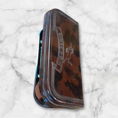 Maroon bakelite "Unicorn" rectangular darts box with lid and darts
