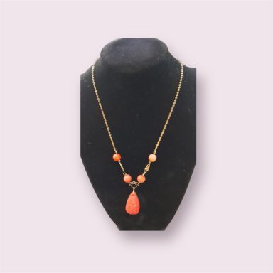 Czech Neiger red glass beads and gilt metal chain necklace
